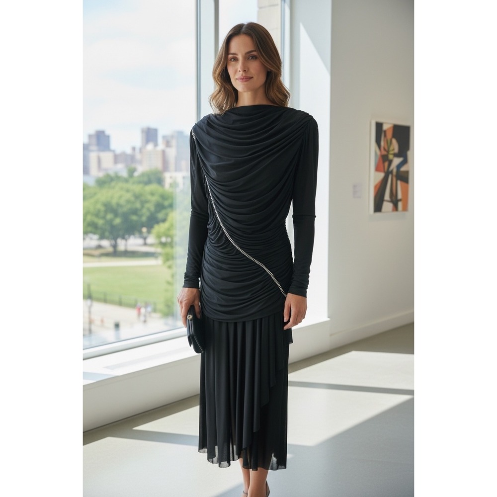 Caralina Original Sancor of California Black Ruched Rhinestone 80s Midi Dress